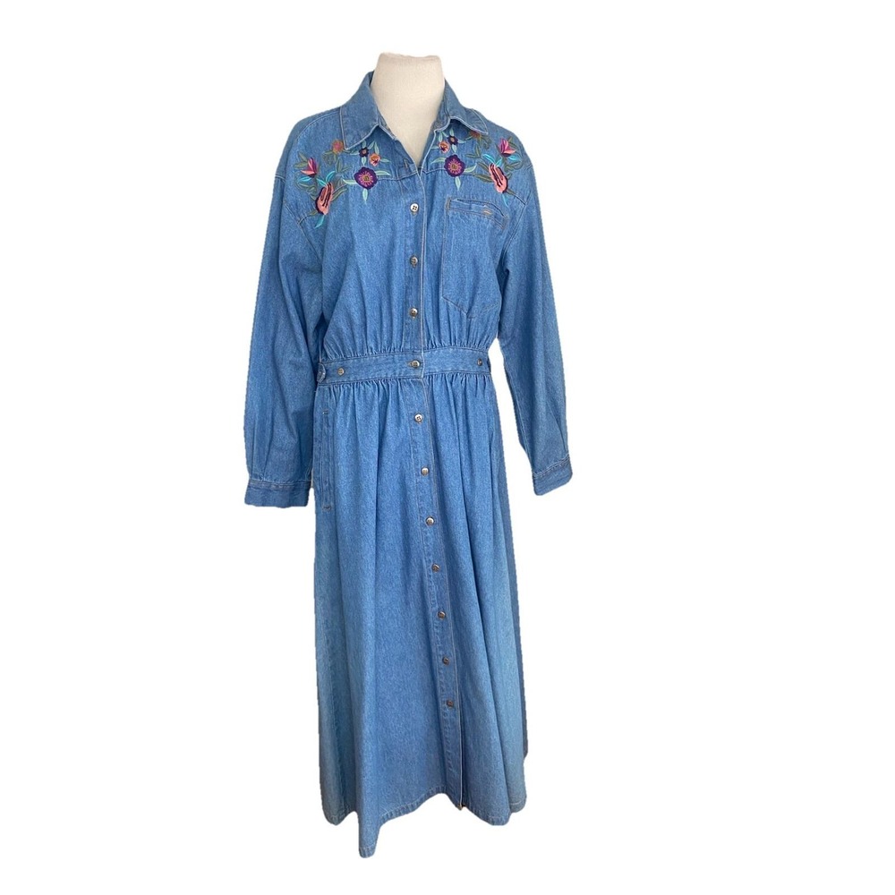 Y2k Vtg FADS‎ Dress Sz M Maxi Denim Embroidered  Peasant Boho Cottagecore